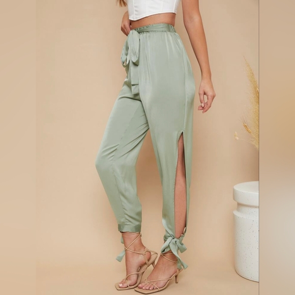 SHEIN Sage Green Satin Knotted Side Belted Pants - Size XL 🌿 - Picture 10 of 12